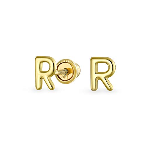 ABC Minimalist Real Yellow 14K Gold Capital Block Alphabet Letter Initial Stud Earrings Safety Ball Screw Back For Teen For Women