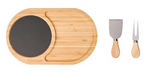 Cloober - Tabla Quesos en Madera Bambu con Piedra y Cuchillos - Natural Antiséptica y Resistente - Ideal para Servir y Presentar Aperitivos con Amigos Cover