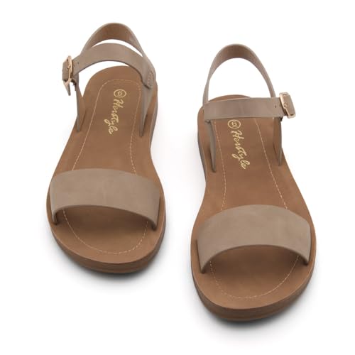 Image of Herstyle Flat Sandals for Women - Open Toe 1 Band Ankle Strap Summer Dressy Sandals, Lightweight Casual Strappy Slip-On Flats with Adjustable Buckle