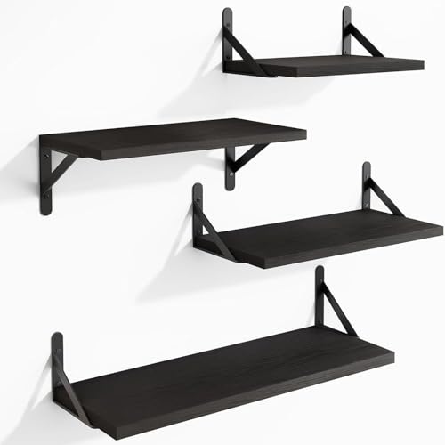 DxZephious Floating Wall Shelves for Bedroom Decor Home Decor, Wall Storage, Book Shelf, Wall Mounted Rustic Wood Shelf for Books,Plants (Black, 4 Pack)