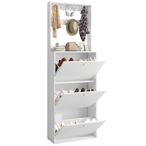 YMBSBUY Shoe Cabinet with 3 Flip Drawers, Narrow Shoe Cabinet with 9 Hooks Rack, Freestanding Shoes Storage Cabinets with Adjustable Shelves for Entryway, Hallway, Living Room, White