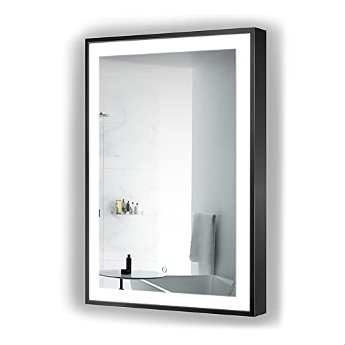 Krugg | Soho LED Bathroom Framed Mirror | Lighted Vanity Mirror Includes Dimmer & Defogger | Wall Mount Vertical or Horizontal Installation (Black, 24Wx36L)