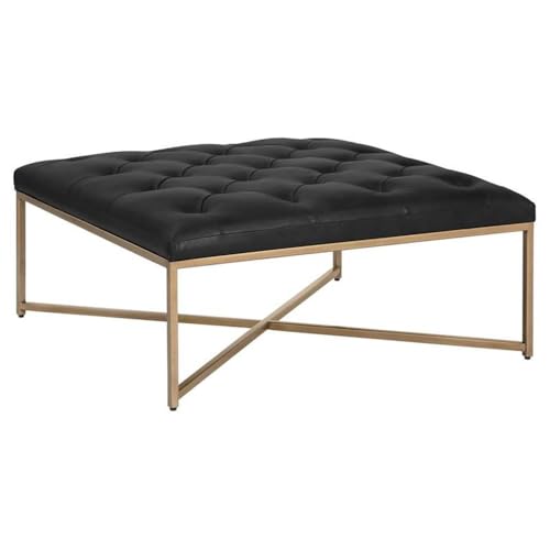 MAKLAINE 39.5' Square Leather Ottoman, Vintage Black Night Finish, Top Grain Leather, Button Tufted, Antique Brass X-Base Frame, Transitional Coffee Table or Extra Seating for Residential or