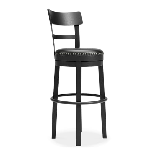 Signature Design by Ashley Valebeck Tall Upholstered Swivel Bar Stool with 360-Degree Swivel and Nailhead Trim, Faux Leather, 30" Seat Height, Black Finish