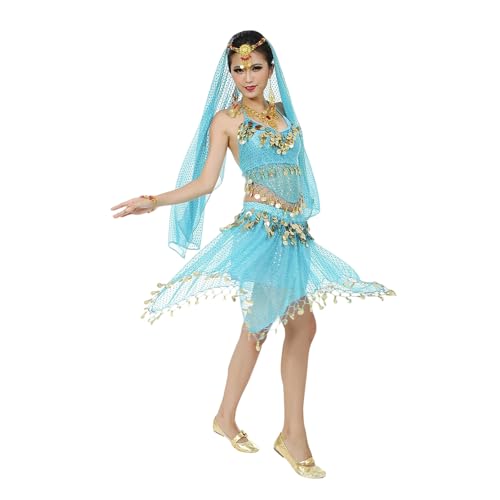 Élégant costume oriental de danse du ventre avec jupe pour spectacles sur scène et cosplay, bleu clair, taille unique