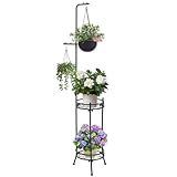 Icewogo Adjustable Metal 4 Potted Flower Pot Plant Stands - 2 Tier 72 inch Tall Indoor Outdoor Heavy Duty Plant Shelf with Hangers - Perfect for Living Room Corner and Patio (Black)