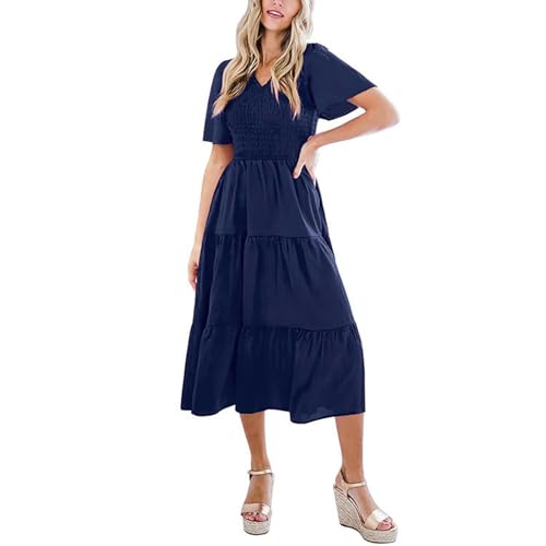 Robe d'été superposée à Smocks Floraux Boho à Manches Courtes col en V avec poches