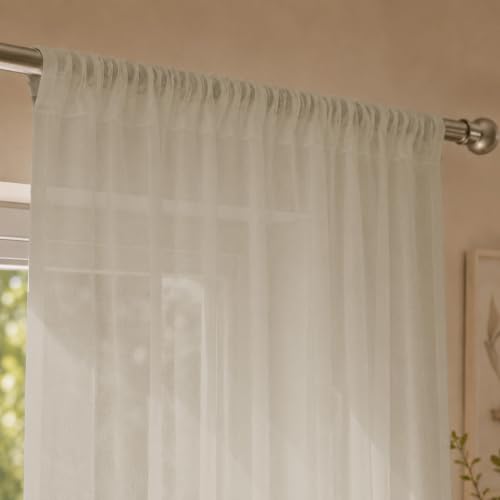 Image of LINENWALAS Aesthetic Sheer Curtains 5 Feet Long Set of 2, Poly Linen Shrink & Fade Proof Drapes for Window, Semi Transparent Modern Panels with Rod Pocket Hanging for Living Room (Mocha /5 Feet)