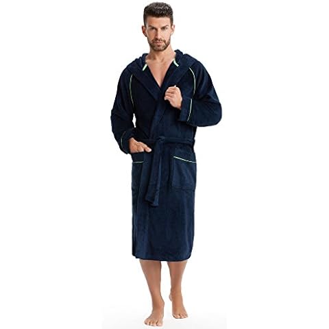 LEVERIE Sporty and cuddly soft bathrobe / sauna robe for men with hood and fashionable contrast stitching or hem - Blue - XXX-Large Cover
