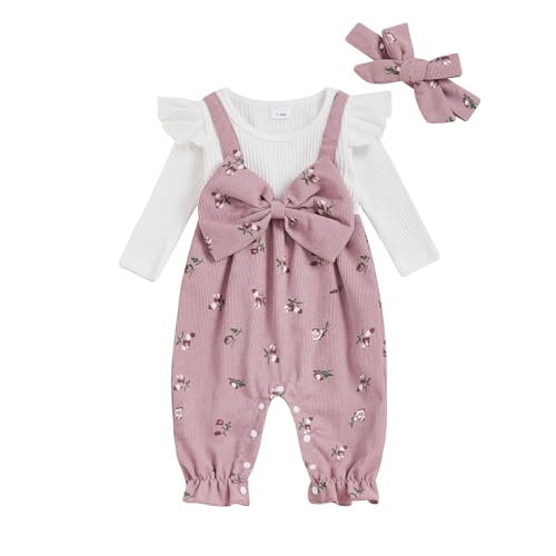 Image of mlpeerw Newborn Baby Girl Clothes Ruffle Sleeve Jumpsuit Corduroy Floral Romper+Headband Cute Fall Winter One Piece Outfit