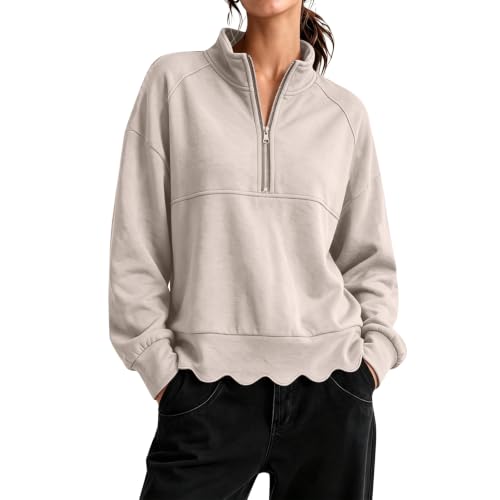 Quarter Zip Sweatshirt Women Casual Scalloped Collared Sweatshirts No Hood - image 5