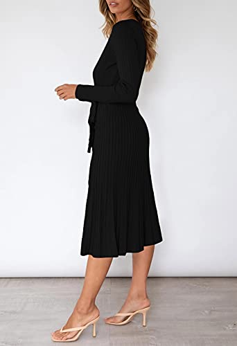 Midi Sweater Dress Women Long Sleeve Wrap V Neck Pleated Frilled Ribbed Bodycon Dresses Black Xl #TOP2