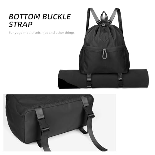 ALUSBELL Drawstring Backpack for Women, Water-Resistant String Backpack, Lightweight Gym Bag with Yoga Mat Strap Black4