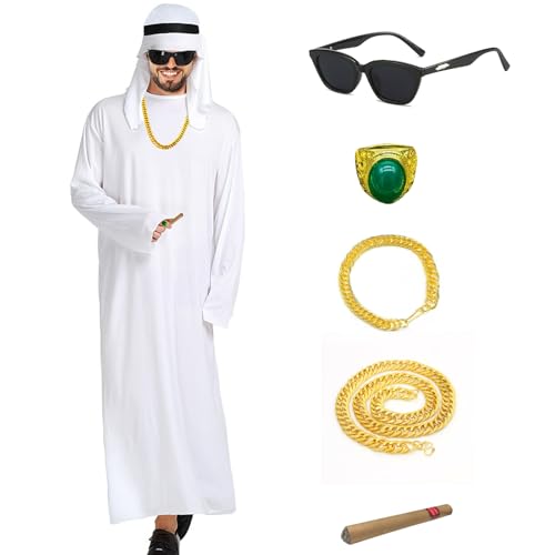 Maazusa Disfraz de jeque árabe para hombre, disfraz de jeque, vestido, vendaje de gafas, collar, pulsera, anillo, Halloween, jeque, disfraz para Halloween, carnaval, cosplay, fiesta de carnaval (M)
