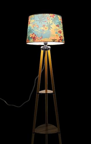 Image of Modern Tripod Floor Lamp with Storage Shelves, Floral Lampshade, Brass Finish, Wood Base, for Living Room, Bedroom