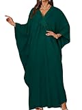 JILUVIN Kaftan Dresses for Women Plus Size V Neck Caftans Long Batwing Sleeve Beach Cover Ups Summer Floral Print Dress 2026 (Dark Green,One Size)