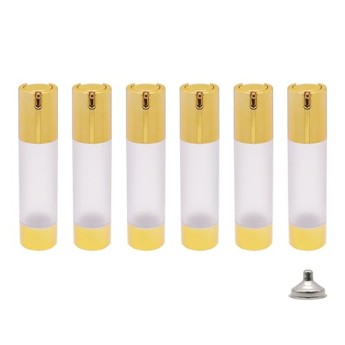 6Pcs 1.7oz 50ml Frosted Transparent Airless Pump Bottles with Funnel, Travel Size Vacuum Dispenser Refillable Cosmetic Containers For Foundations, Cream, Serums, Shampoo, Lotion(Gold)