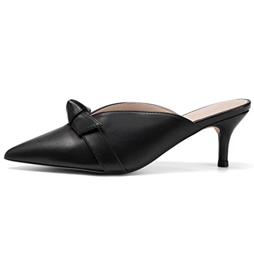 Coutgo Womens Bow Knot Mules Kitten Heel Pumps Slip On Heeled Sandals Pointed Toe Slides Backless Dress Shoes #TOP5