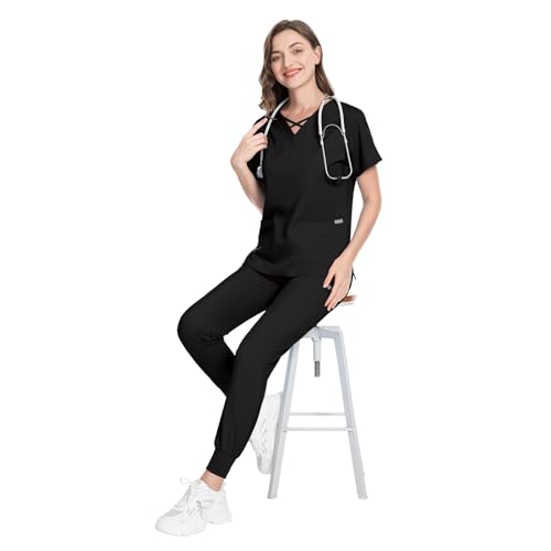 Image of VIAOLI Scrubs for Women Set Modern V-Neck Top & 8 Pocket Jogger Pants Nursing Uniform Solid Stretch Workwear