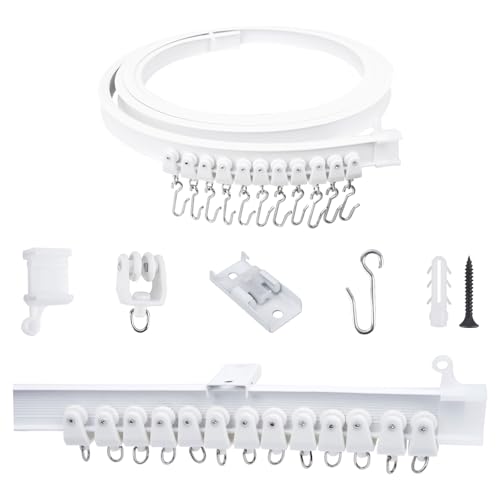FOGAWA 3m Vorhangschiene mit 24 S Haken, Deckenvorhangschiene, Flexible Gardinenschiene, Gebogen, Deckenschiene für Vorhänge, Duschvorhangstange, Raumteiler, Vorhangschienensystem Deckenmontage, Weiß