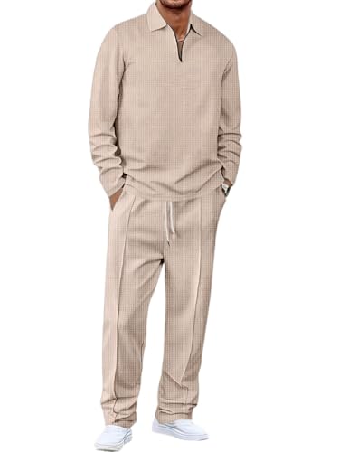 Image of Jawdrobe Men's Waffle-Check Co-Ord Set | Self-Textured Collar Top | Drawstring Jogger Pants | Cotton-Blend Loungewear /Night-Suit | Casual Travel & Streetwear Two-Piece