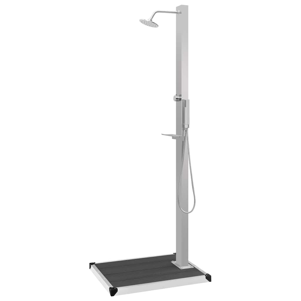 Mangloder - Doccia da giardino con elemento di fondo in WPC, in acciaio inox, soffione a pioggia e doccetta a mano, spazzolato, 210 cm, 80 x 62 cm, per piscina, idromassaggio, idromassaggio, estate