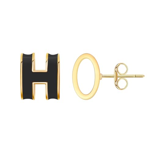 H Necklace H earrings Gold Stud Earrings for Women Hypoallergenic Stainless Steel with H Enamel Color Elegant & Trendy Jewelry for Sensitive Ears Classic Round Enamel Earrings for Daily Wear (Earrings Black)