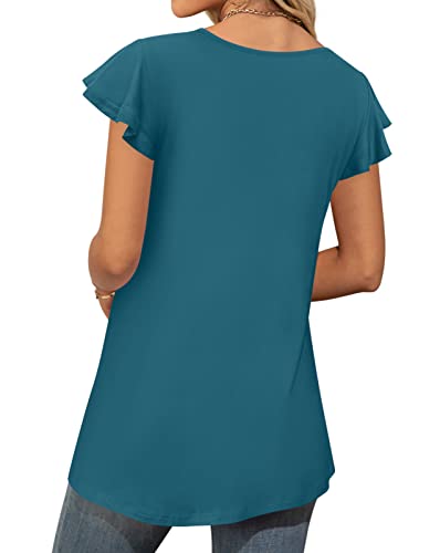 Anymiss 2023 Woman Dressy Short Sleeve Tops Summer Casual Tunics Loose Fit Tshirt Blouse Lake Blue L #TOP2