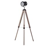 Lámpara de pie con trípode estilo fotografía retro en un elegante acabado en madera oscura y hierro.