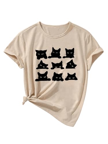 SweatyRocks Girl's Cute Cat Graphic T Shirt Short Sleeve Crew Neck Casual Tee Tops