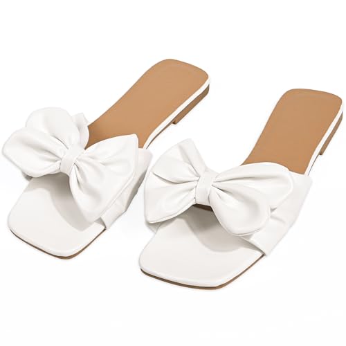 Women's Bow Flat Sandals Dressy Square Open Toe Sandals Slip On Slide4