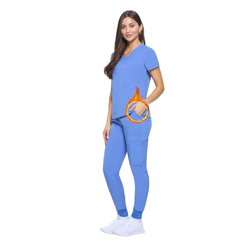 ACTIVE UNIFORMS Women's Essential Scrub Set Cool Stretch Jogger Scrub Top and Pant Nursing Uniform Clearance Workwear (Ceil Blue, Large)