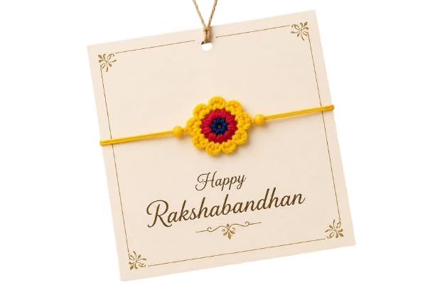 Image of Handmade Crochet Flower Rakhi for Kids, Red and Yellow, Cotton Yarn, Adjustable Knot, with Roli and Chawal, Raksha Bandhan