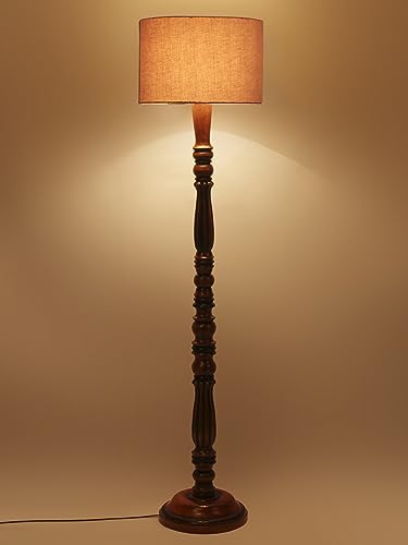 Image of Cotton Shade Floor Lamp with Wooden Base - Height 56 Inches, Grey | Modern Standing Lamp for Living Room, Bedroom, Office | Stylish & Decorative Home Lighting | Elegant Decor