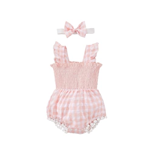 Pipikiddy Newborn Baby Girl Summer Romper Outfit Ruffle Sleeveless Jumpsuit Plaid One-Piece Bodysuit With Headband cover