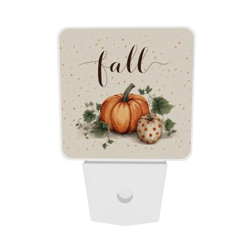 Image of Pumpkin Fall Autumn Flowers Sunflowers LED Plug-in Night Lamp 2 Piece Set, Auto Sensor Nightlights Set of 2 for Bedroom Bathroom