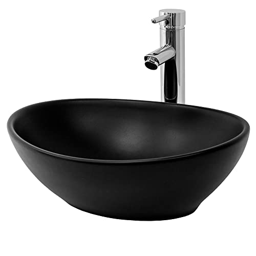 ML-Design Lavabo en Céramique Noir Mat, 410x335x145 mm, Vasque à Poser Ovale, Cuvette avec Trop-Plein et Trou d'Évacuation, sans Mitigeur et Matérial de...