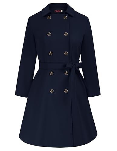 Hanna Nikole Langer Mantel Damen Große Größen Zweireihiger Wollmantel mit Taschen Gürtel Langarm Mittellanger Trenchcoat Navy Blau 50