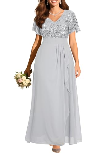 Plus Size Silver Gray Dress Grey Mother of Bride Groom Formal Evening Bridesmaid Prom Sequin Long Wedding Guest Dresses