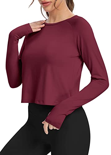 Bestisun Split Back Athletic Workout Long Sleeve Shirts Womens Exercise Sports Clothes Tunic Sweatshirts Activewear Yoga Running Tops Fall T Shirt For Women Wine Red S #TOP1