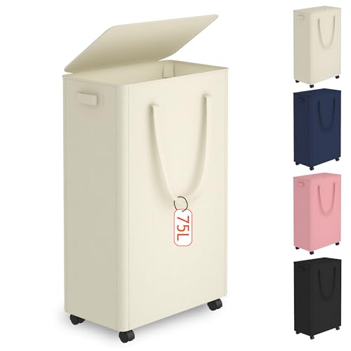 Image of Slim Laundry Hamper with Wheels,20 Gal (75L) Rolling Laundry Basket with lid and wheels Clothes Hamper Foldable Tall Dirty Clothes Basket Sturdy Collapsible Clothes Hamper for Dorm,Laundry Room