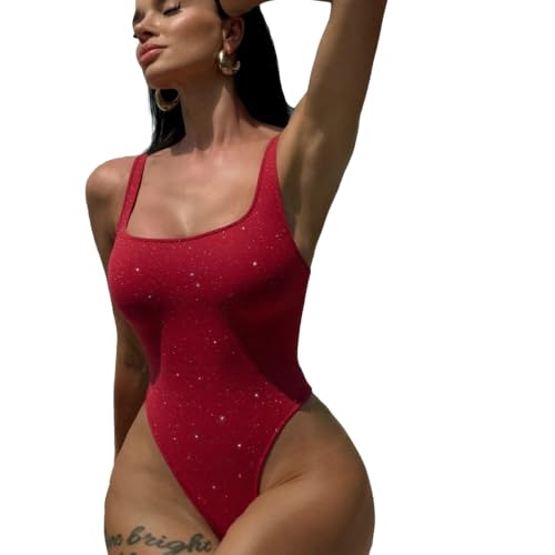 YAUASOPA Damen- Badeanzug, glänzend, Lurex, quadratischer Ausschnitt, Bauchkontrolle, rückenfrei, Rot glänzend, Large