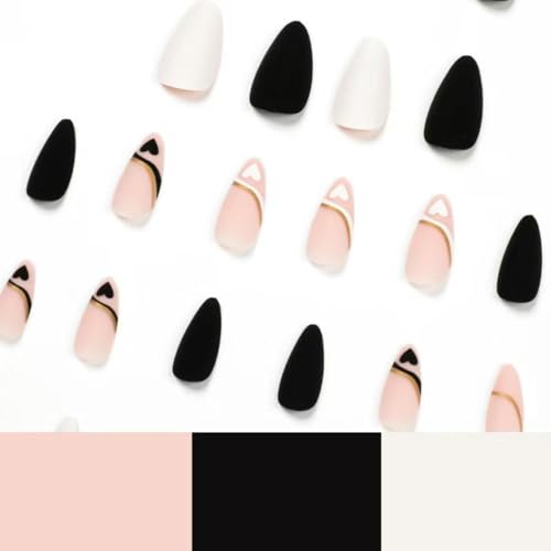 Image of Love Press on nails Medium Stiletto Fake Nails with Design Nude Pink Glue on nails Glossy Acrylic Full Cover Stick on Nail Black White Solid color False Nail for Women Valentine's Day Manicure