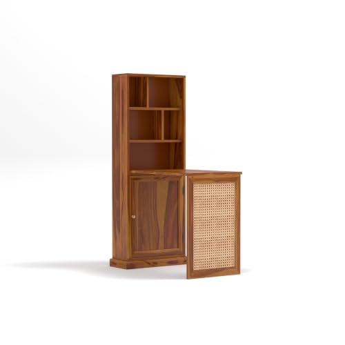 Image of Sheesham Wood Foldable Study Table with Bookshelf & Storage Cabinet | Cane Panel Writing Desk (Honey Finish)