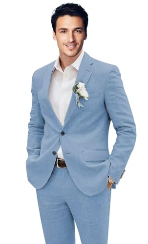 Linen Suit for Men 2 Piece Slim Fit Summer Beach Wedding Suits Casual Jacket Pants Groom Suits