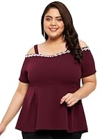wild U Women Plus Size Peplum Top | Embellished Hip Length | Off Shoulder | Half Sleeve | Western Stylish Trendy Top for Women - (Maroon, Size : 8XL)