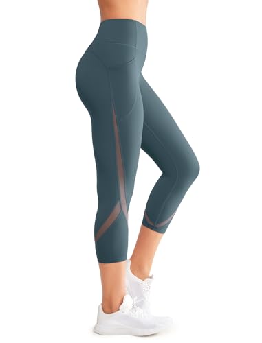 Yvette Damen 3/4 Sport Leggings Capri Sporthose Blichdicht mit Mesh high Waist Bauchkontrolle Leggins Grau M