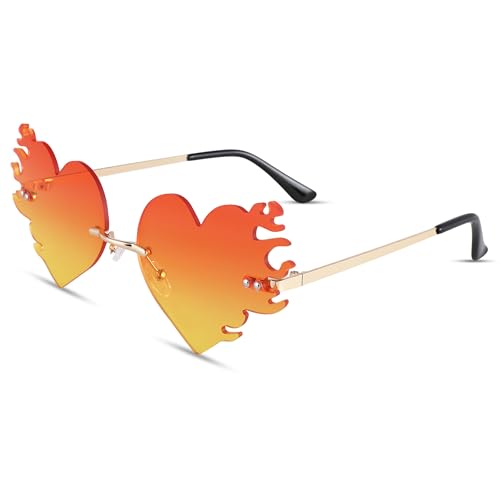GLARDEFE Fire Flame Sunglasses for Women - Heart Shaped Rave Prom Sun Glasses Women - Halloween Festival Shades(Orange)
