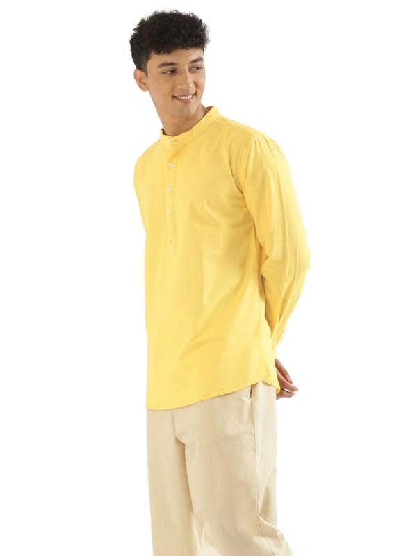 Image of SAADAA Men's Short Kurta - Linen Cotton Blend, Airy Fabric, Regular Fit, Mandarin Collar, Solid Color - Casual, Festive & Ethnic Wear