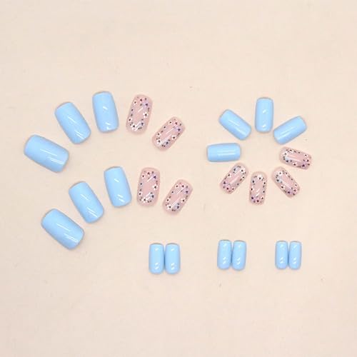 Image of Blue Press on Nails Medium Square Fake Nails with Colorful Flower Design Glossy Glue on Nails Nude Full Cover False Nails Artificial Acrylic Nails Stick on Nails for Women Girls Manicure Art 24Pcs